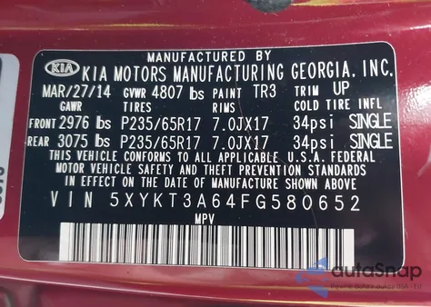 2015 Kia Sorento Lx из США, поврежденный, VIN 5XYKT3A64FG580652